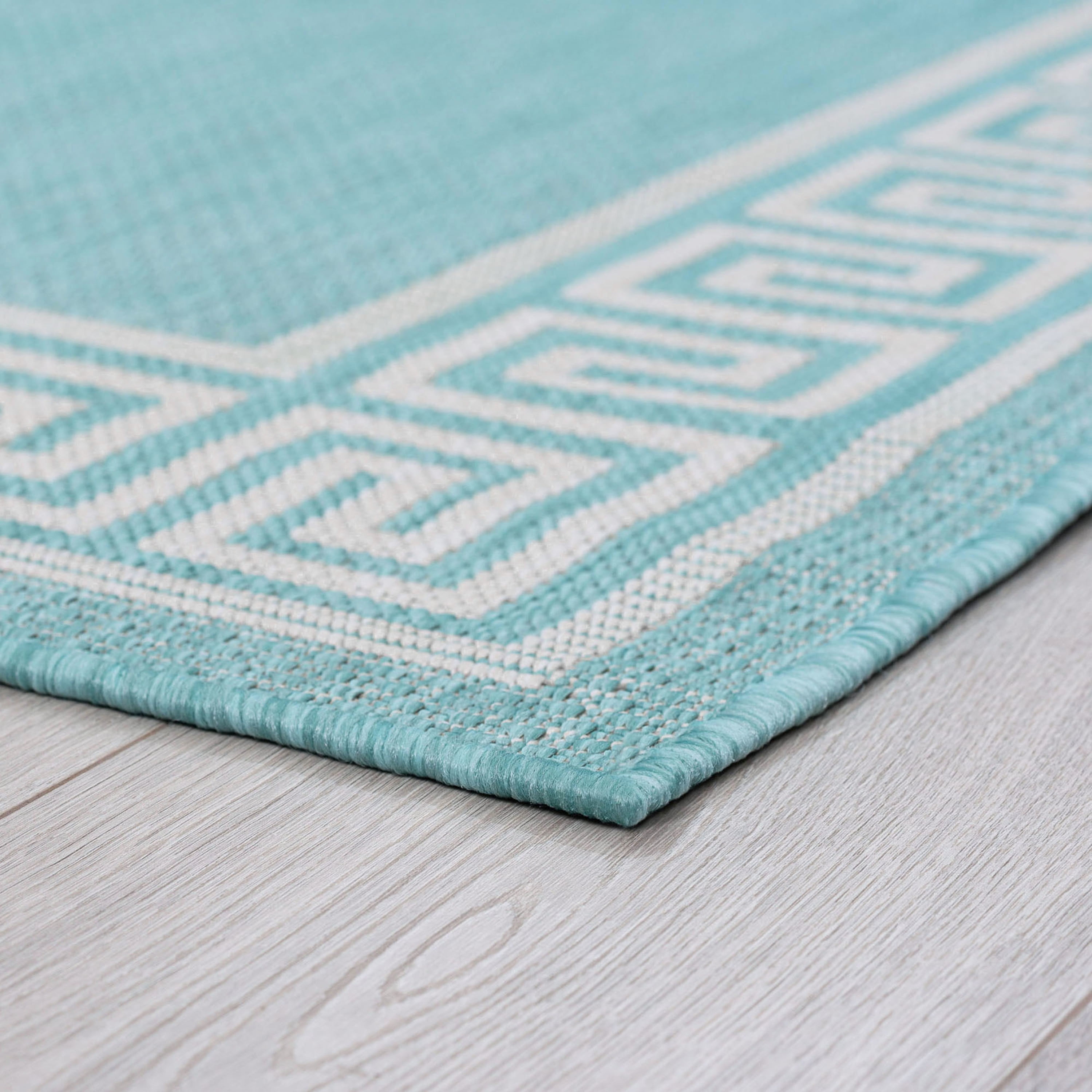 Bliss Rugs Greek Key Indoor Outdoor Area Rug for Patio, Porch, Garden | Aqua, 5'3'' x 7'3''