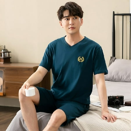 

DanceeMangoo 2 Piece Set Pajamas for Men Summer Short Sleeve Tops Shorts Soft Modal Pajamas Homewear Suit Mens Sleepwear Loose Nightwear