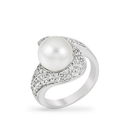 10 Mm Pearl Ring - Rhodium Plated Cocktail Ring with 10mm White Shell Pearl and Clear CZ Accented Shoulders Size 5