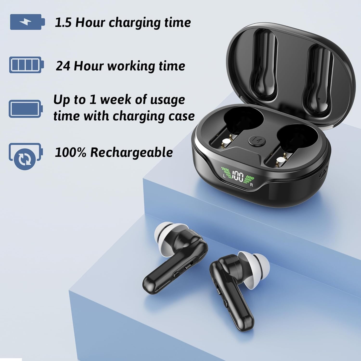 Adofi Hearing Aids, Rechargeable Hearing Aids for Seniors with Noise Cancelling, Hearing Amplifier for Adults Hearing Loss Device with LED Power Display, Digital Amplifier Into Ear No Squealing-Black