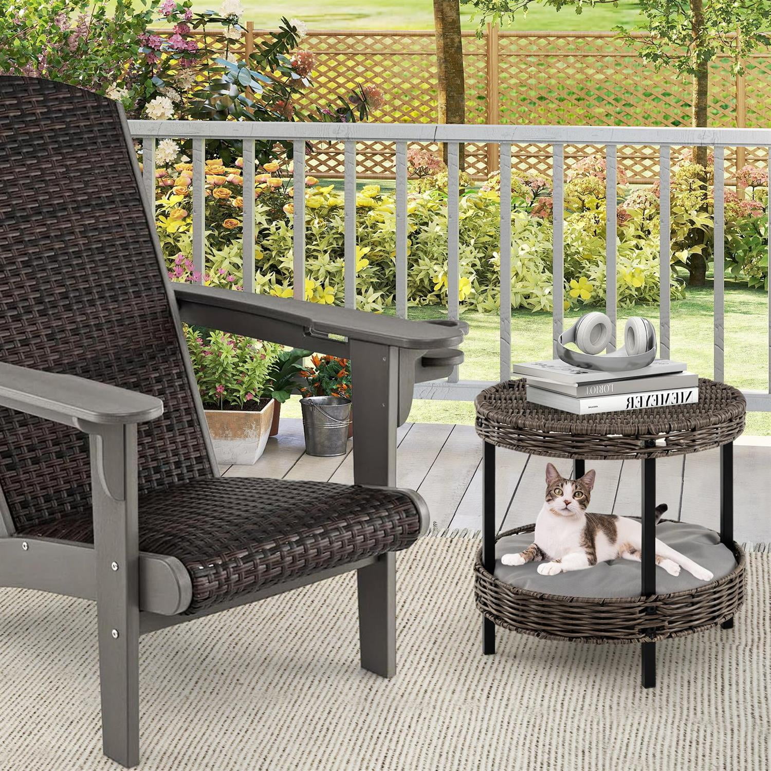 Pefilos 2-Tier Rattan Cat Nest, Removable Padded Cushion, Metal Legs & Ottoman Design, Gray