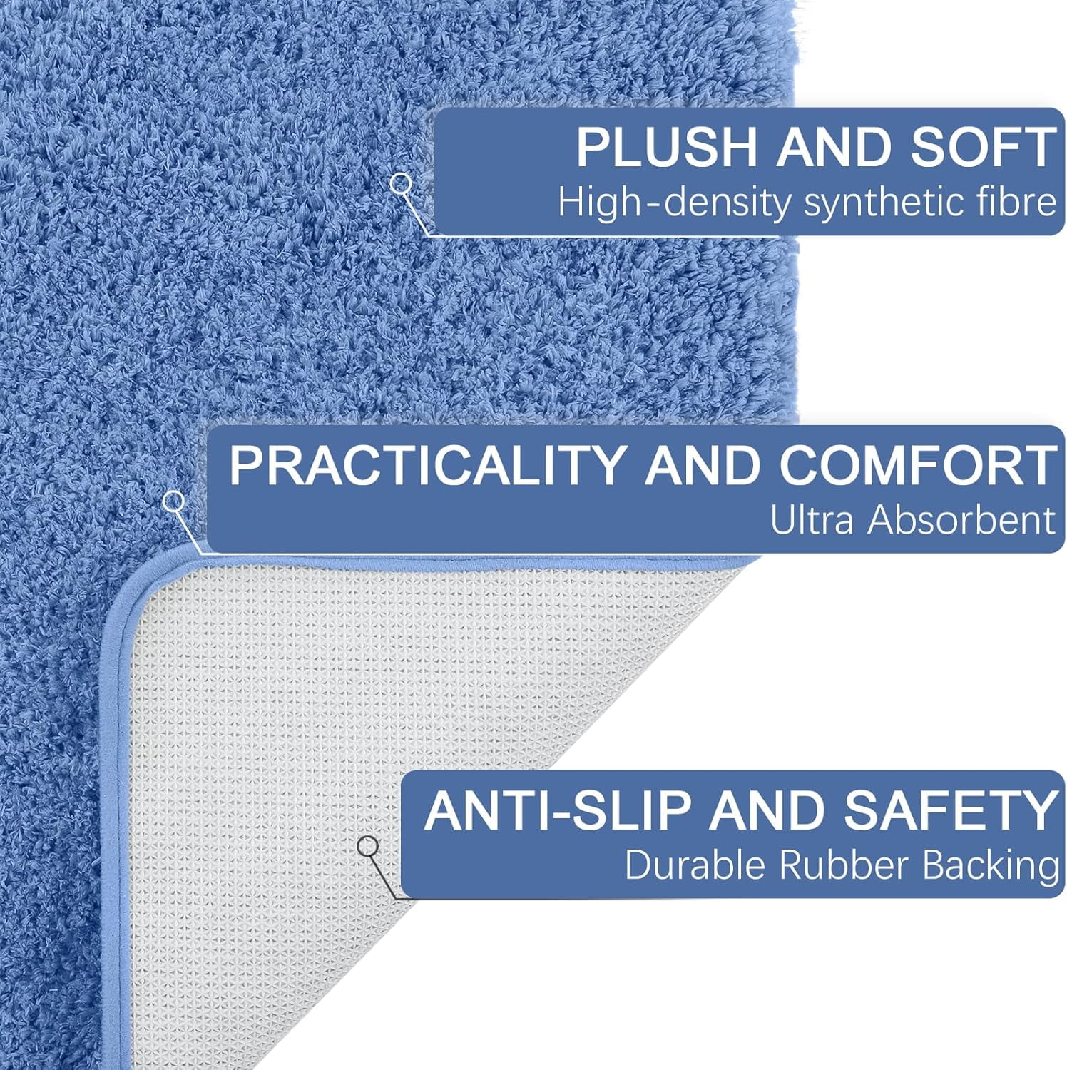 Luxury Long Bathroom Runner Rug, 24x60 Inch Thick Soft and Absorbent Non Slip Bath Mat, Rubber Backing Quick Dry Rugs Carpets, Machine Washable Plush Mats for Shower Floor, Blue