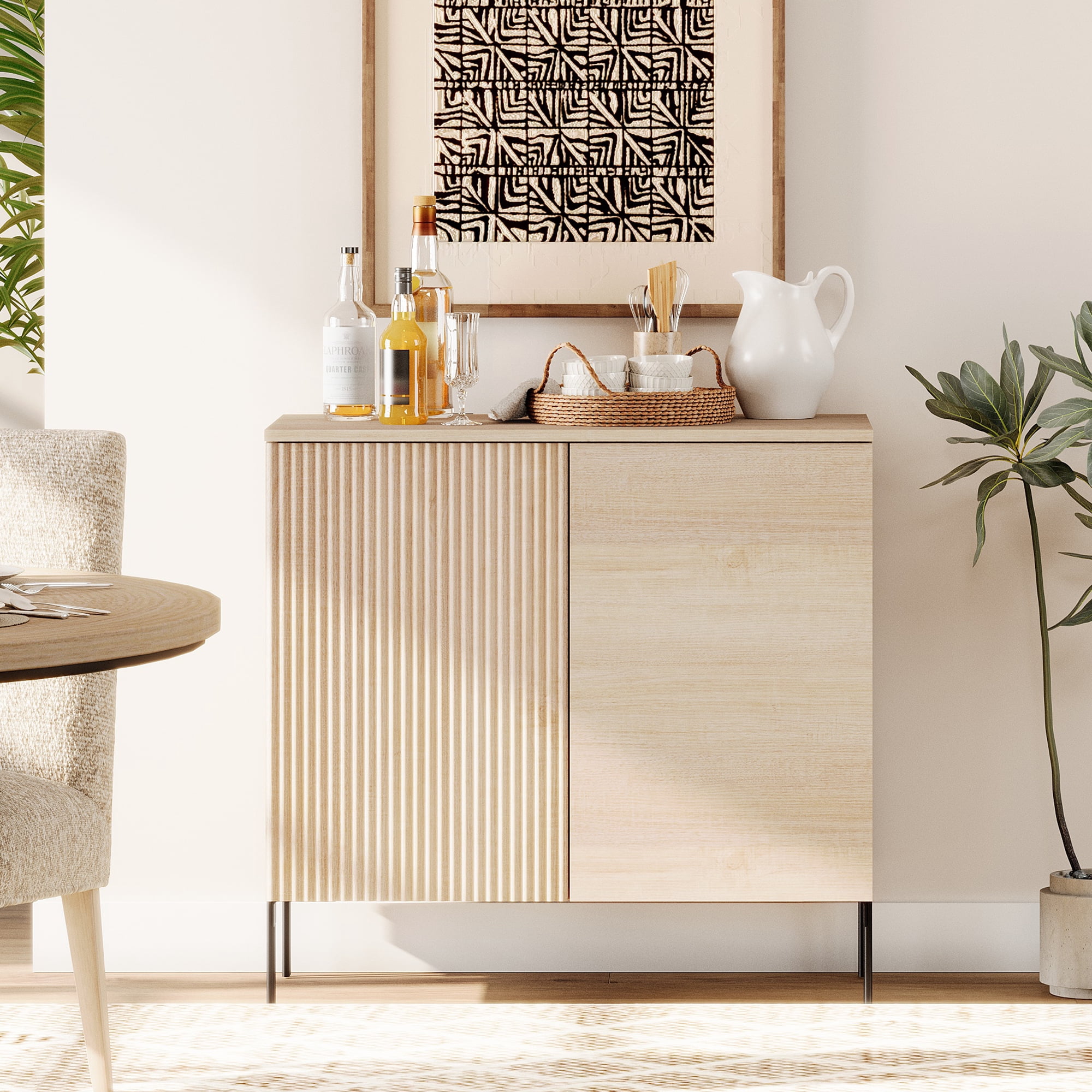 31.5" Wooden Reeded Sideboard with 2 Doors, Modern Credenza Storage Cabinet for Kitchen, Dining Room