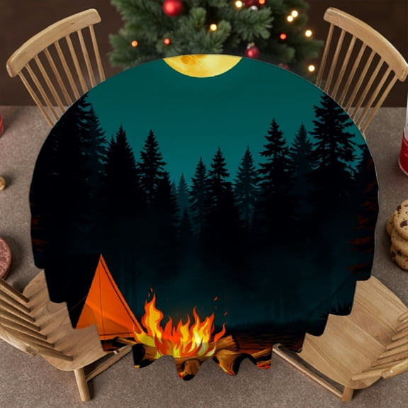 RKSupls Round Tablecloth - Moonlit Campfire Forest Microfiber Table Cover - Soft, Stain Resistant & Washable Decor for Wedding, Party, Holiday, Home Dining, 60x60inch