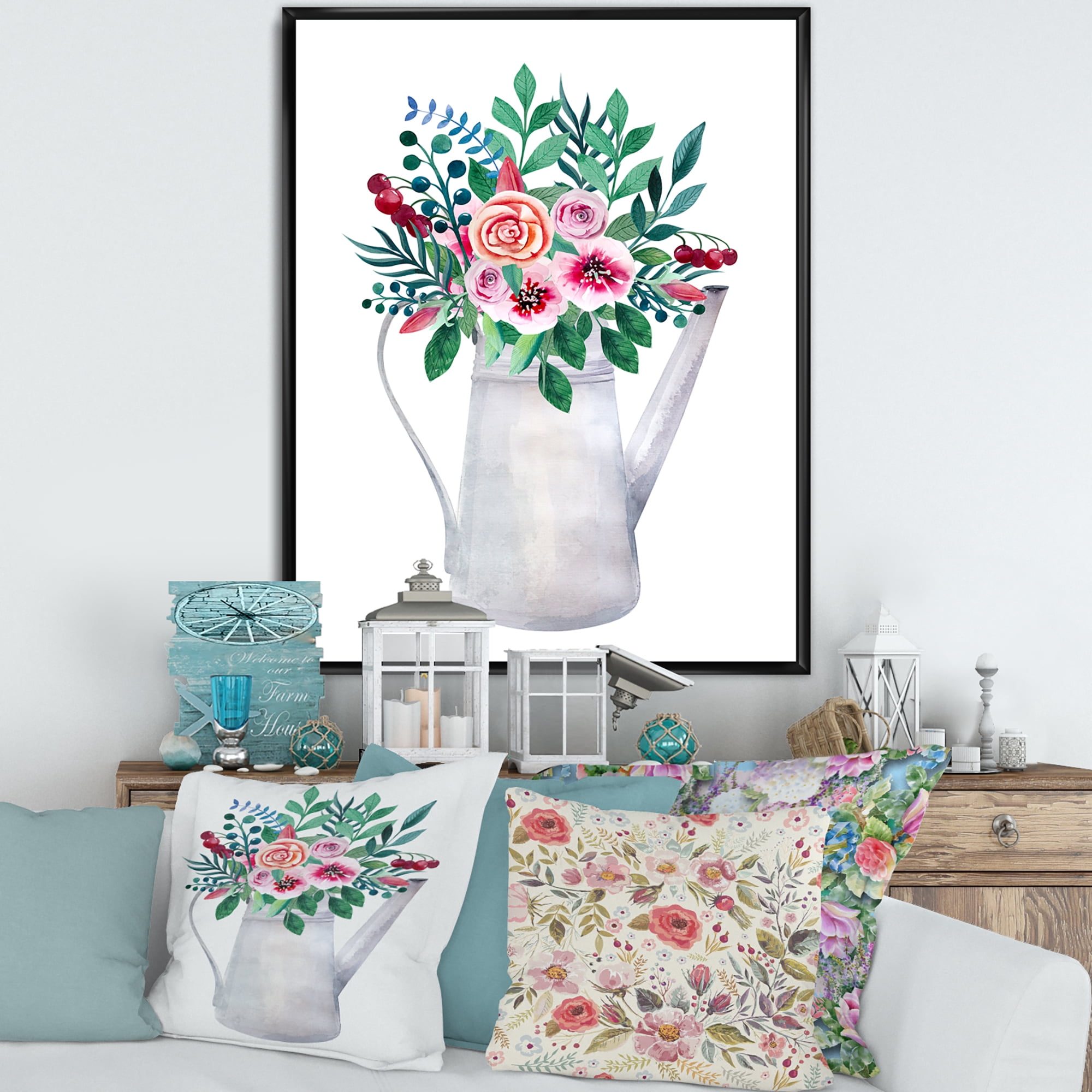 Designart 'Bouquets of Flowers In Rustic Flowering Pot With Berries' Traditional Framed Canvas Wall Art Print