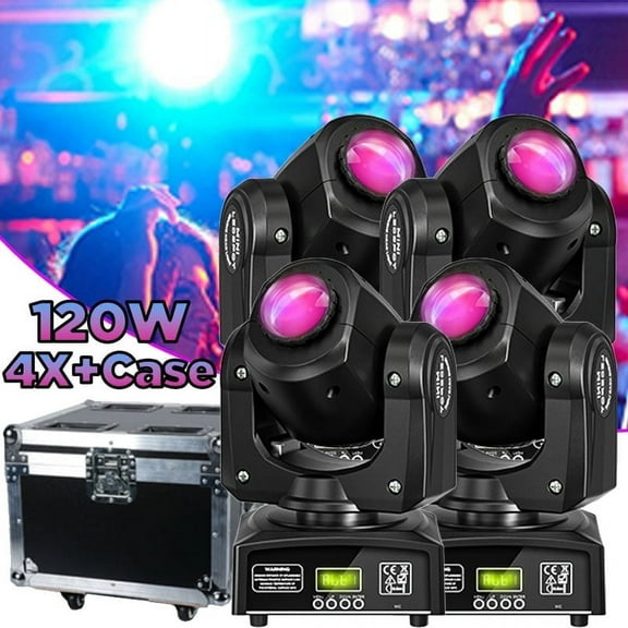 4-Pack LED Moving Head Light with Airline Case, 8 Gobos & 8 Colors, DMX512/Sound Control for DJ, Stage, Wedding, Party