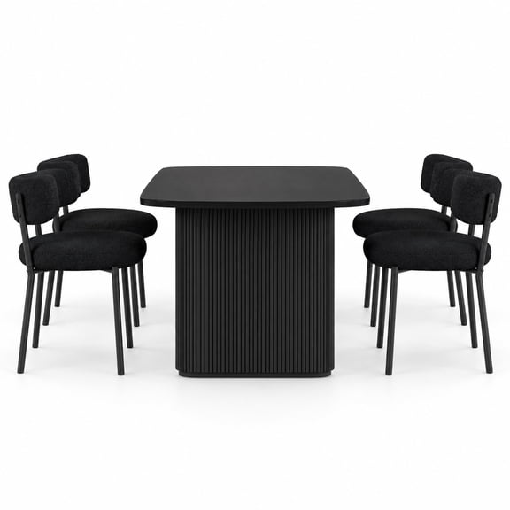 Dining Chairs Set of 4, Boucle Upholstery, Curved Backrests and Metal Legs with Leveling Adjustment, Black for Kitchen and Dining Room
