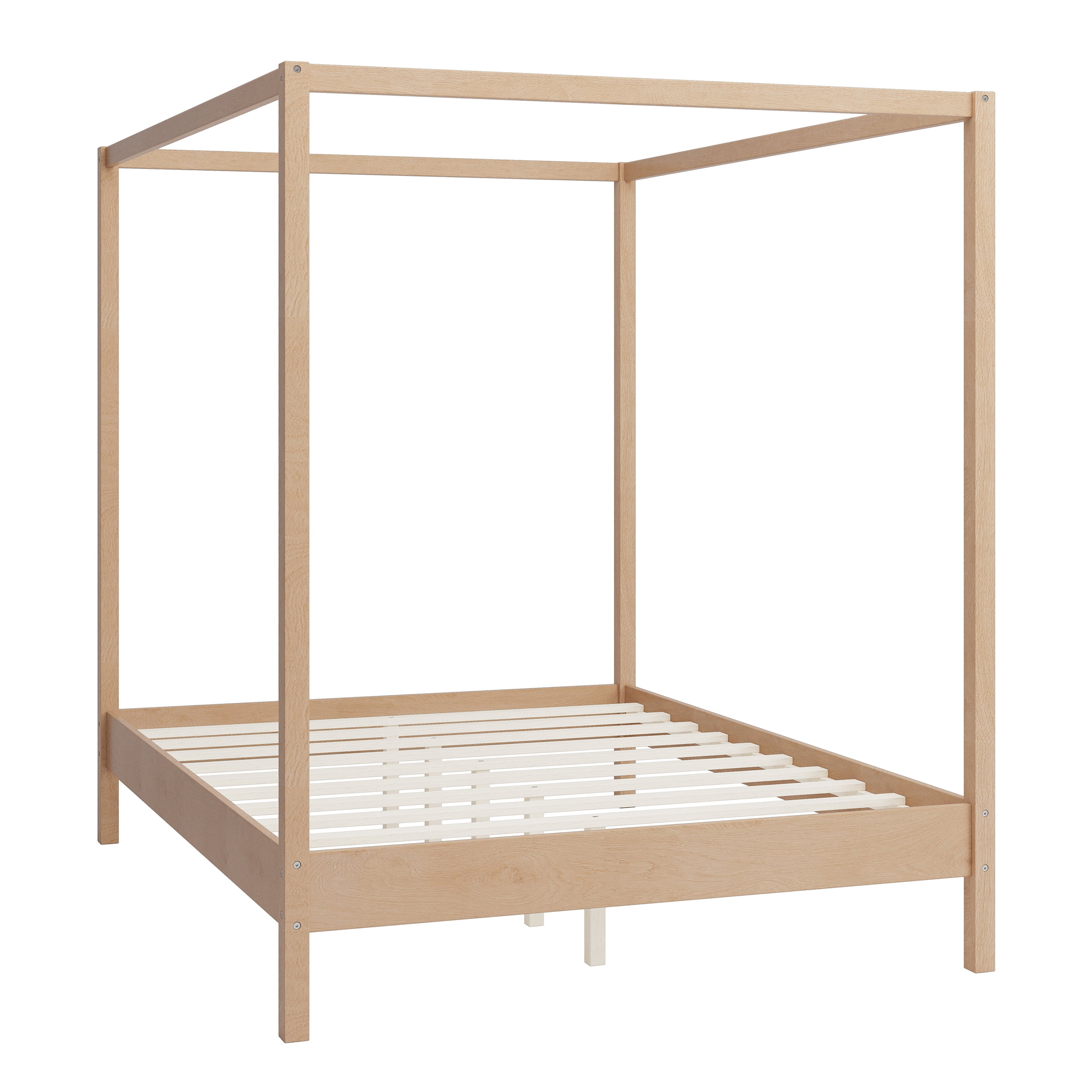 Euroco Queen Size Canopy Bed, Wood Platform Bed with Four Poster, Natural