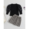 thumbnail image 3 of Seyurigaoka 2Pcs Toddler Baby Girls Fall Outfits Long Lantern Sleeve Ribbed Knit Pullover Tops + Tweed Skirt Set for 6M-4Y Kids, 3 of 9