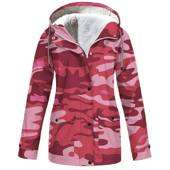 Bmisegm Women Casual Solid Jacket Outdoor Drawstring Buttons Plus Size Hooded Windproof Pockets Coat Womens Coats Red M