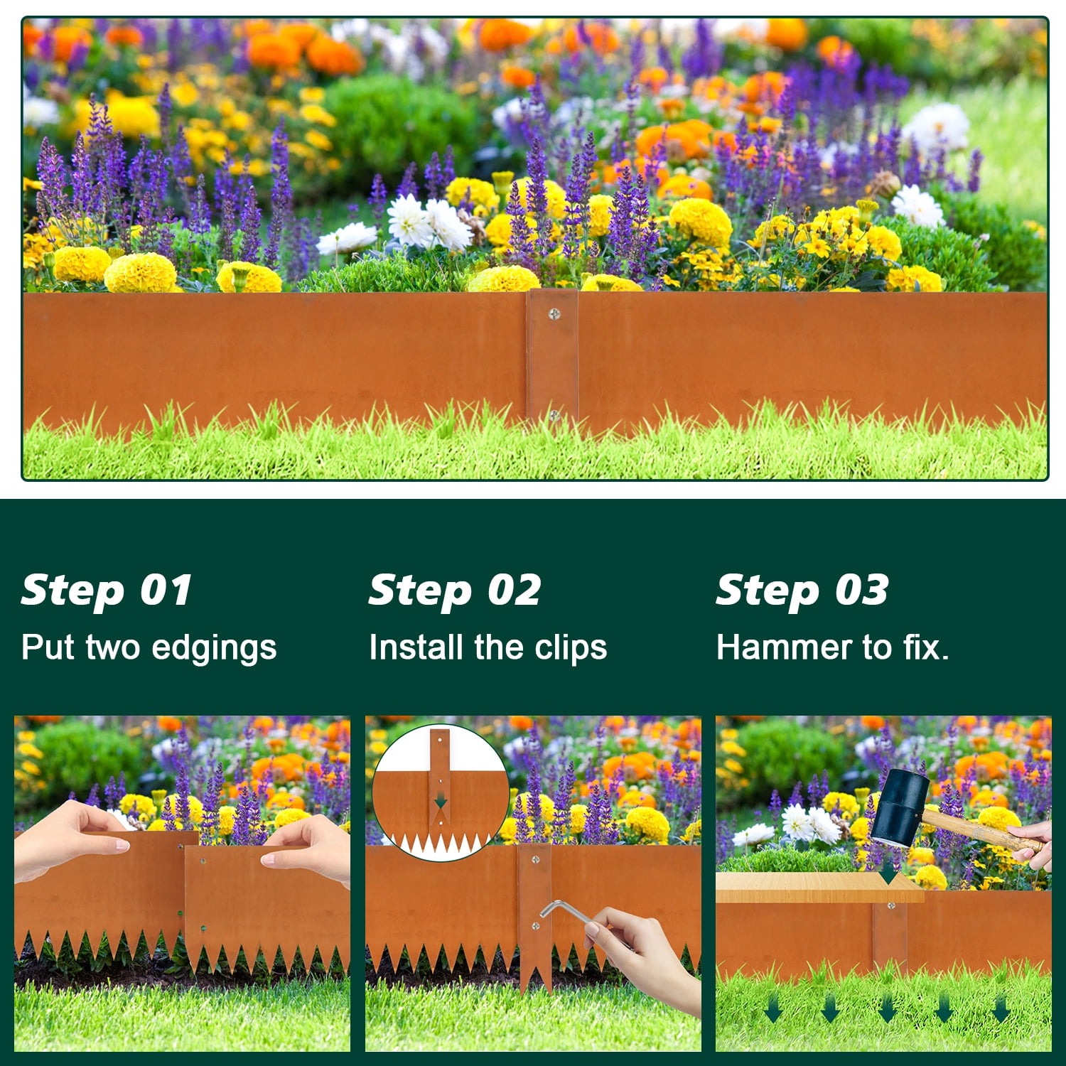 20FT Corten Steel Garden Edging, 8" Rusted Iron - Bendable Landscape Border for Flower Beds, Lawn/Yard, Hammer-in Design