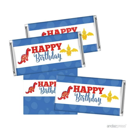 Birthday Hershey Bar Party Favor Labels Stickers, Red Blue and Yellow Dinosaur Party, 10-Pack