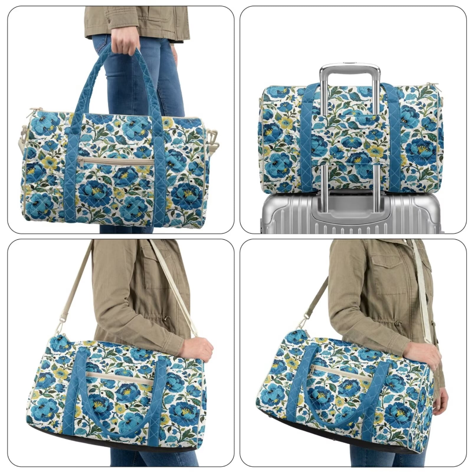 Chririnla Quilted Luggage Bag for Dad Universal Fit Travel Bag Soft Duffle with Separate Compartment & Smooth Zipper Fits, Blue Peony Pattern