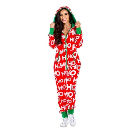 

Christmas Jumpsuit Pajamas for Women Girls Long Sleeve Sleepwear Merry Xmas Print Zipper Up Hooded Nightwear Home Wear