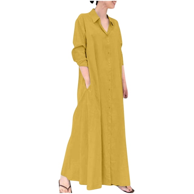 AherBiu Robe Boutonnée pour Femme, Col à Revers, Col en V, Manches Longues, Tenue de Bureau Décontractée, Maxi, avec Poches