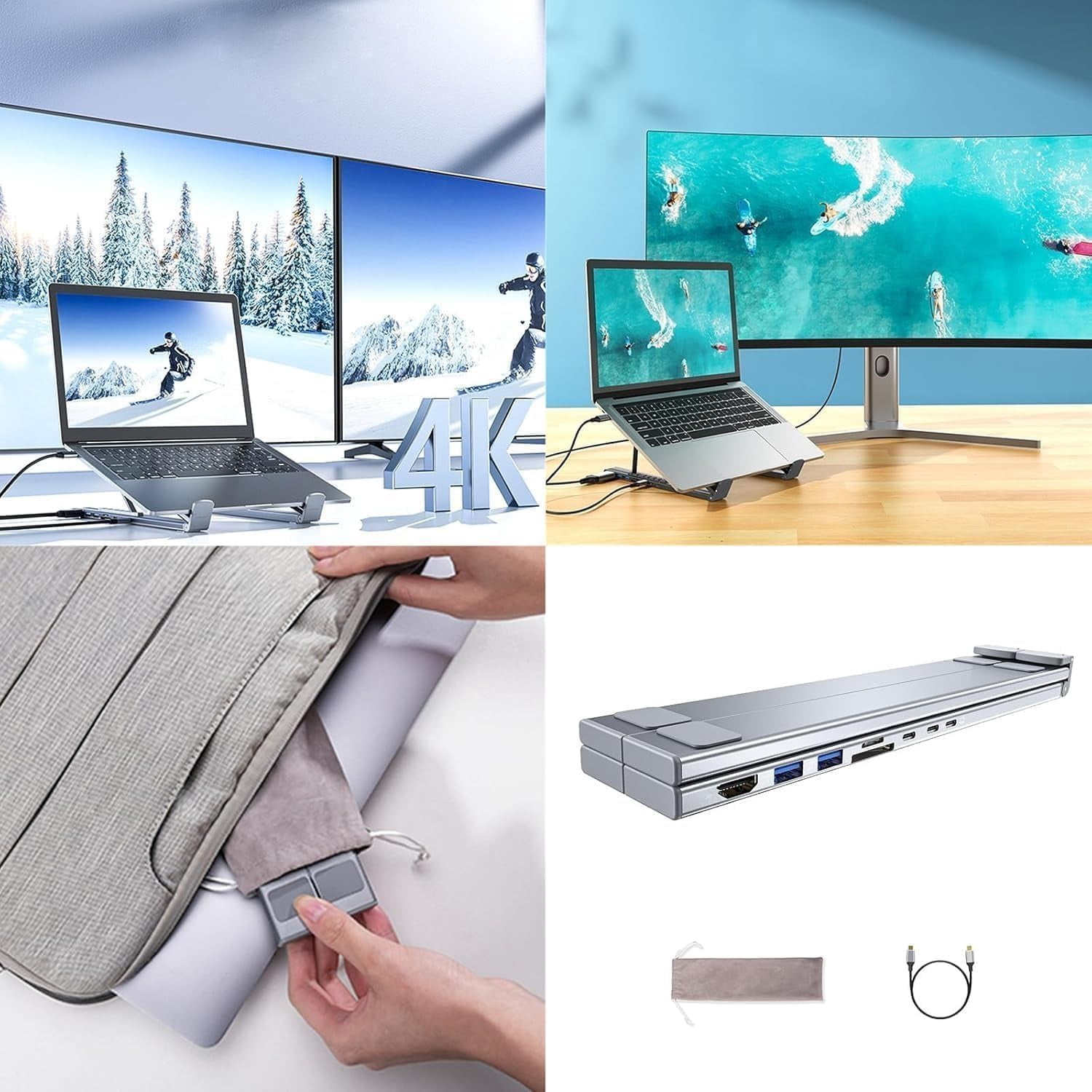 GGMCN 8-in-1 USB-C Laptop Stand, Totaladdly Portable Adjustable Flat Laptop Docking Station Stand with 4k HDMI, 2 USB 3.0, Pd 100w, Universal for Offices, Corporate Desks, Cafes (1Pcs)