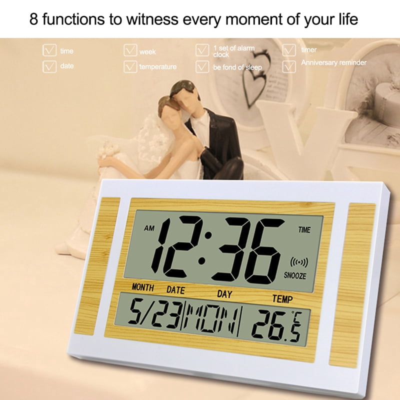 Digital Wall Clock LCD Large Number Time Temperature Calendar Alarm Table Desk Clock Modern Design Office Home Silver