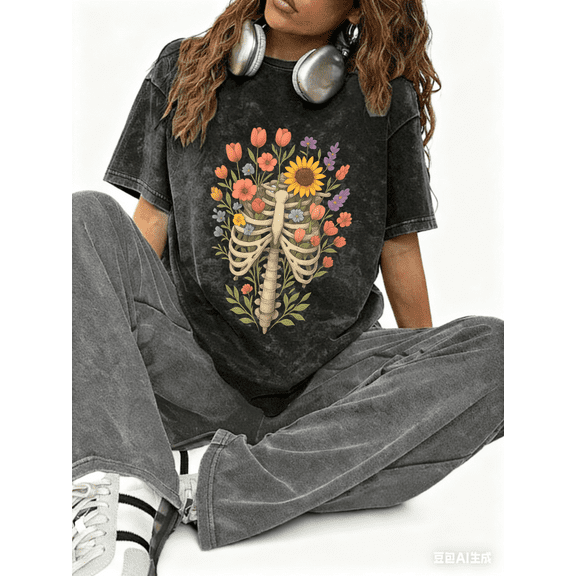 Black Washed Skeleton Flower Graphic Tees Print Tshirt Shirts Short Sleeve S-2XL Tops