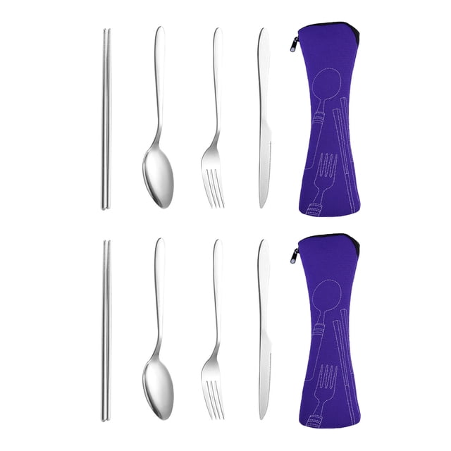 Cubiertos portátiles con estuche, juego de utensilios de viaje para acampar, cubiertos reutilizables, 4 Uds., 2 juegos