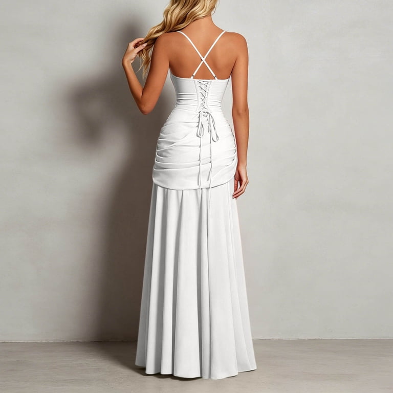 thick ruched dress XIAONU Ruched Waist Floor-Length Gown for Women Thick Strap Formal Evening  Maxi Dress
