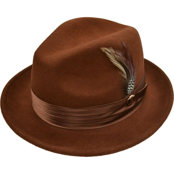 Mens Brandy Brown Fedora 100% Wool Crushable by Bruno Capelo UN-114