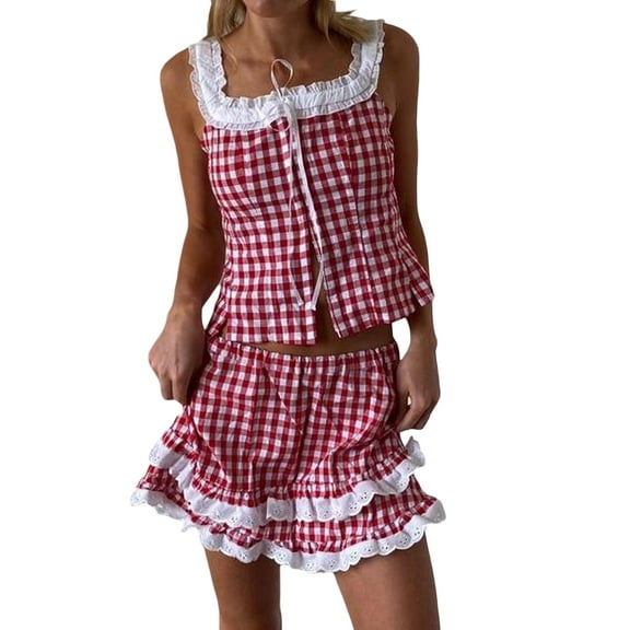 Women Y2k Mini A-Line Skirts Fairy Grunge Low Waist Plaid Skirts Lace Trim Skirts Aesthetic Streetwear