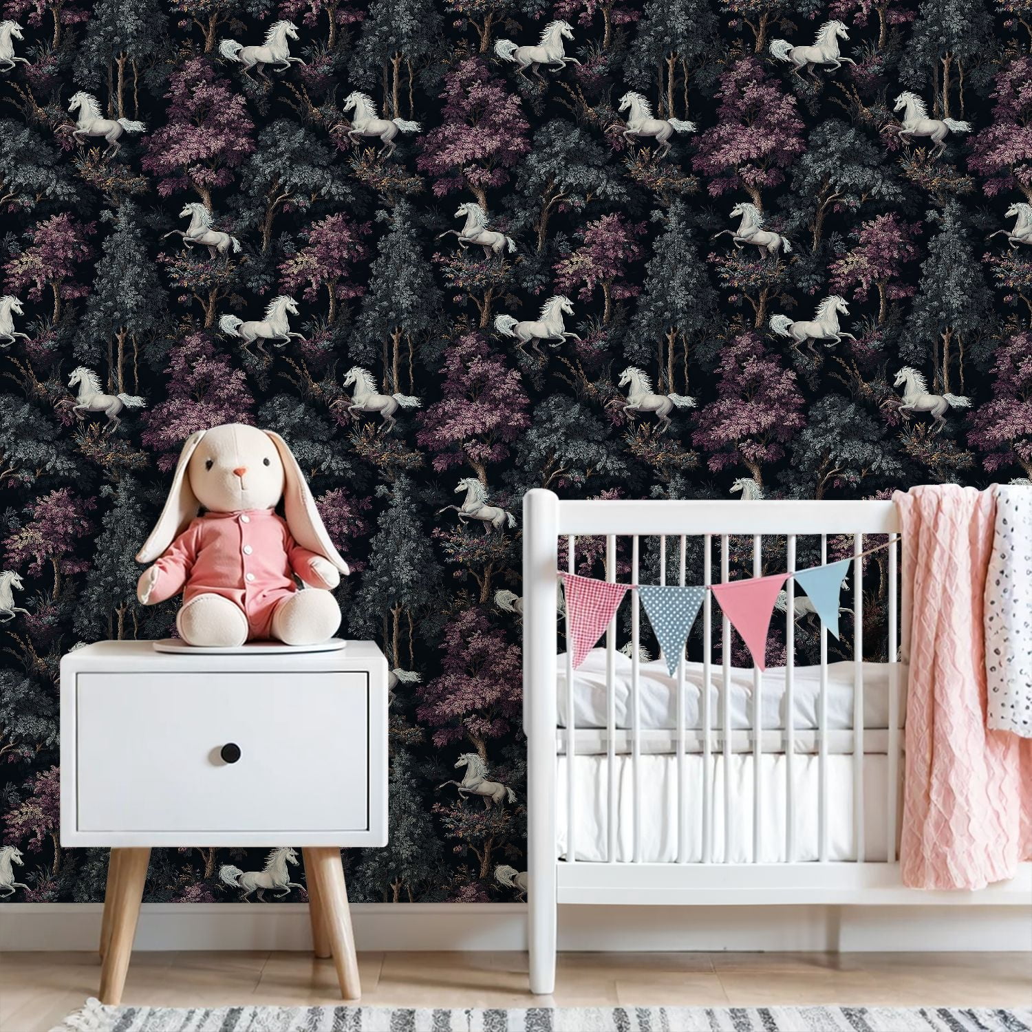 Peel and Stick Wallpaper Whimsical Forest Running Purple Trees Detailed Illustrative Style Wall Mural 23.6in x 9.8ft Self Adhesive Removable Wall Paper Renter Friendly for Nursery Bedroom Cabinets