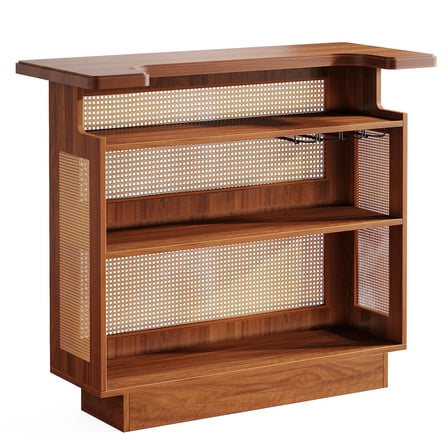 Demi Bonn 43" Rattan Home Bar Unit, 4-Tier Liquor Wine Bar Cabinet with Stemware Racks, Pub Tables for Kitchen, Dining Room, Brown