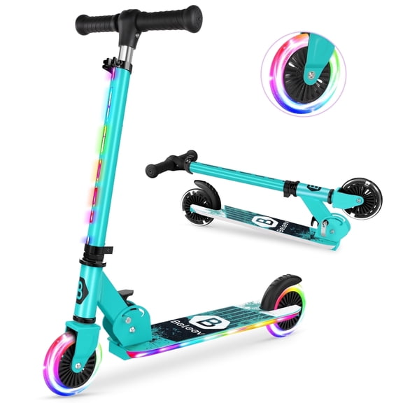 BELEEV 2 Wheel Folding Scooter for Kids , Kids Kick Scooters with Light-Up Wheels, 4 Adjustable Height, Lightweight Kick Scooter for Children, Green