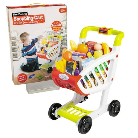 12 3/4" x 17 3/4" Deluxe Plastic Shopping Cart & Groceries Play Set - 26 Pieces