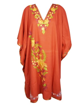 Mogul Womens Orange Tunic Kimono Dress Beautiful Embroidered HALLOWEEN Cotton Caftan Coverup One Size