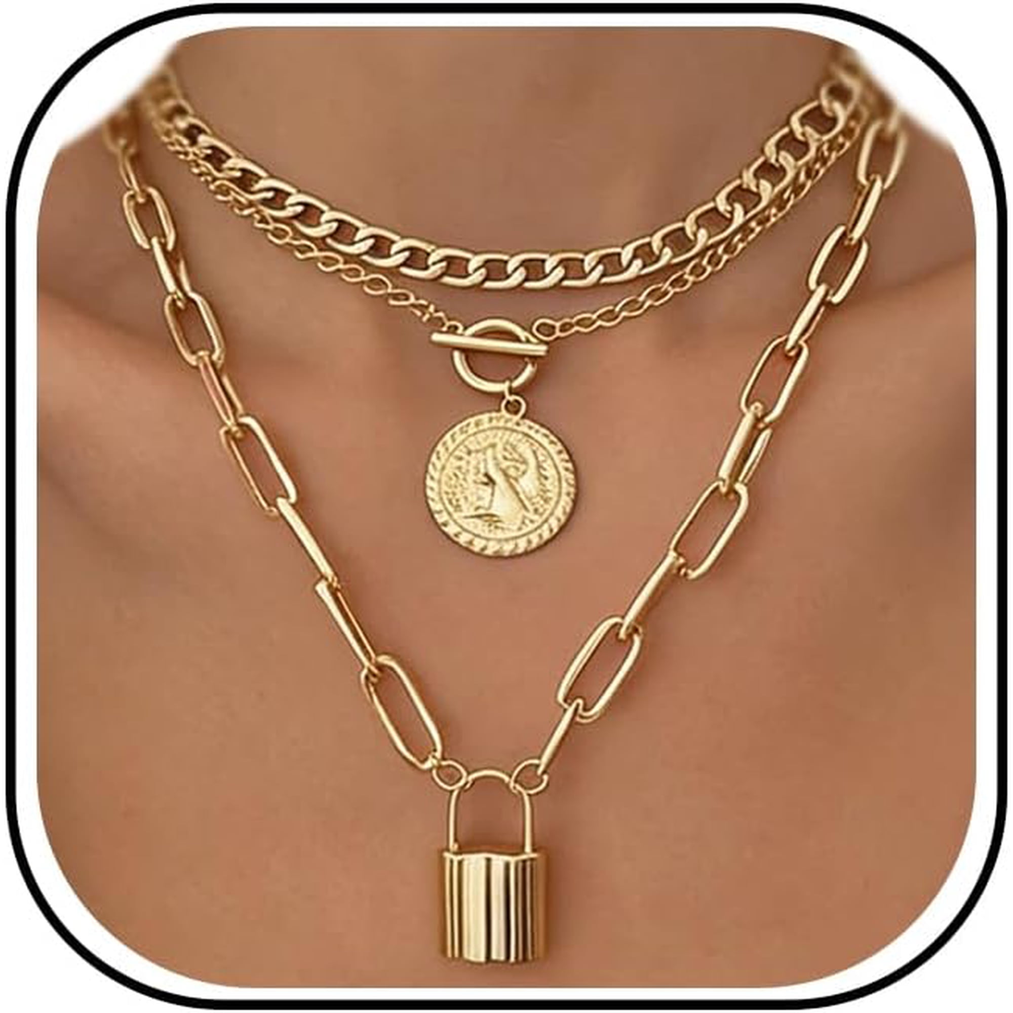 BOOTOOL Vintage Gold Layered Necklaces for Women Trendy, Chunky Cuban Link Paperclip Chains Necklace Stack, Coin Pendant Necklace Set Jewelry Gifts