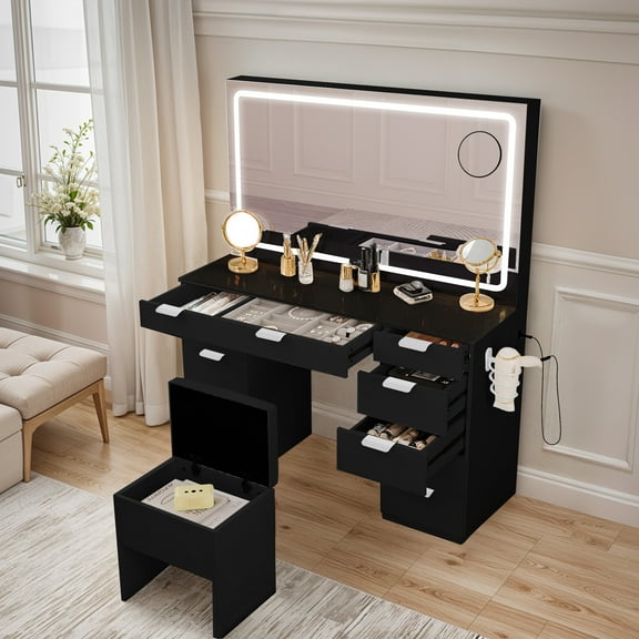 ModFusion Black Vanity Table Set with 11 Drawers, LED Lighted Mirror, Charging Station & Stool