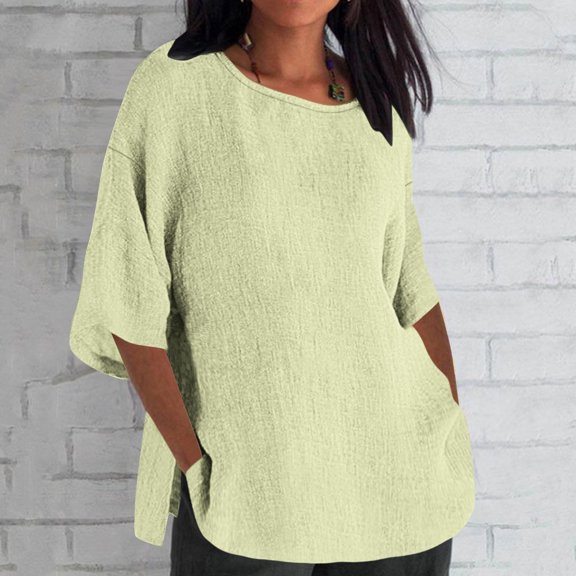 ALLLIST Womens Tops 3/4 Sleeve Cotton Crew Neck T-Shirts Beige Plain Fashion Shirts Ladies Tops