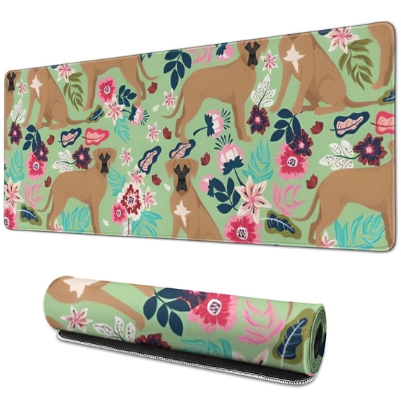 Long Mouse Pads for Desk,Boxer Dog and Flower Florals Desk Mats on Top Of Desks, Desk Mouse Pad Extra Large with 3mm Non-Slip Base and Stitched Edge for Gaming,Office,Work,Home 31.5"x11.8"