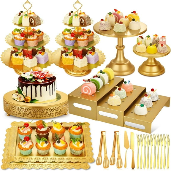 Metal Gold Dessert Table Display Set Including Cake Stands, Cupcake Tower Stand, Dessert Tray, Risers Stands, Cake Cutting Set and Serving Tongs for Wedding, Birthday Party Decor
