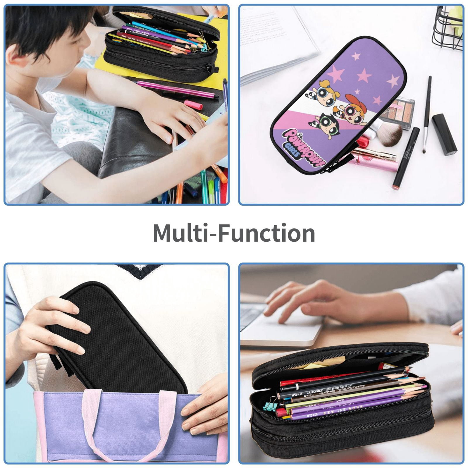 The Powerpuff Gi-rls Pencil Case Large Capacity Pencil Pouch Pen Bag Office Stationery Organizer Travel Makeup Bag Black
