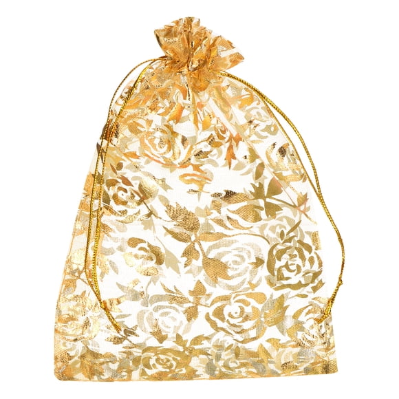 Uxcell Organza Bag, Sheer Flowers Heart Mesh Bags Drawstring Gift Bags Bulk Party Favor Bag Jewelry Pouches Gold 5" x 7"