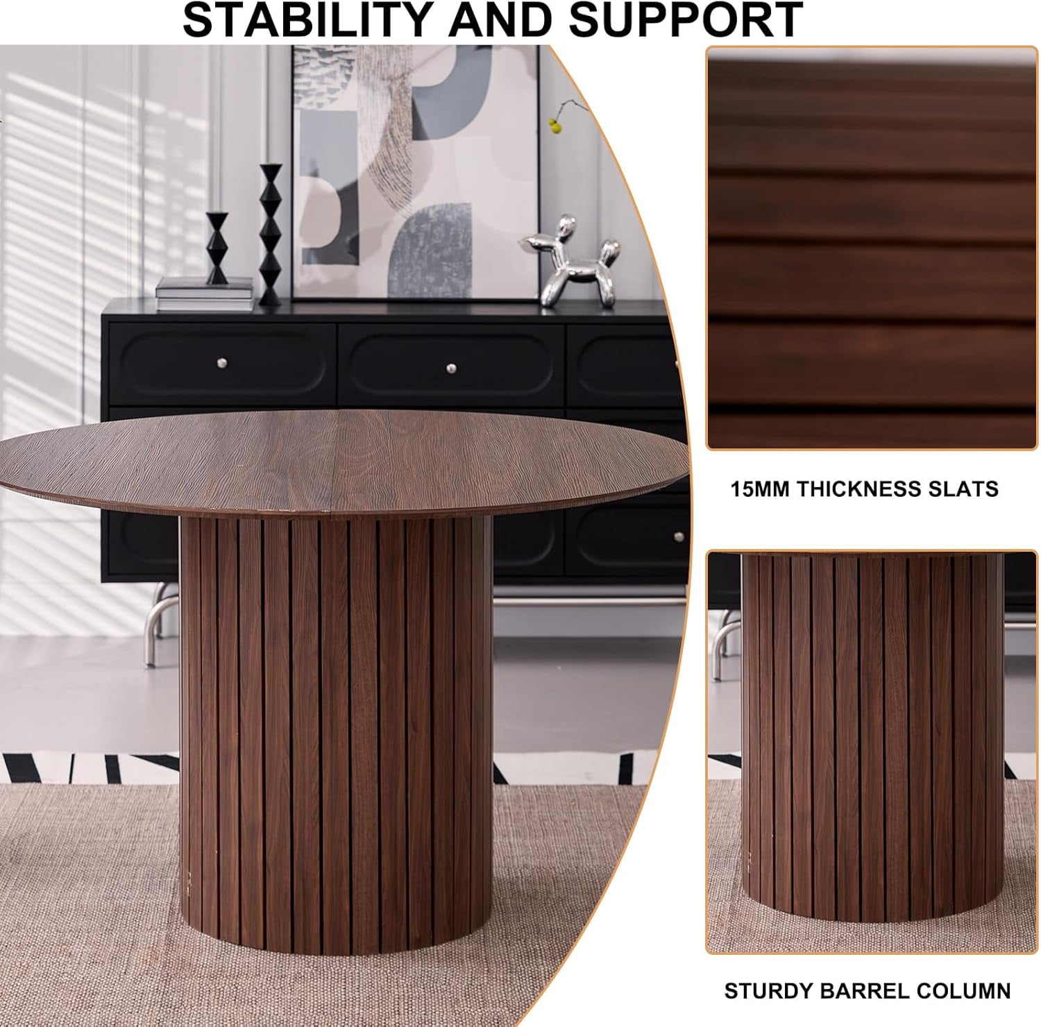 5 Piece Round Dining Table Set - Mid-Century 47 inch Brown Dining Table with 4 Blue Velvet Chairs Set, Dinner Table & Chair with Metal Legs for Kitchen Dining Room, Apartment, Bedroom