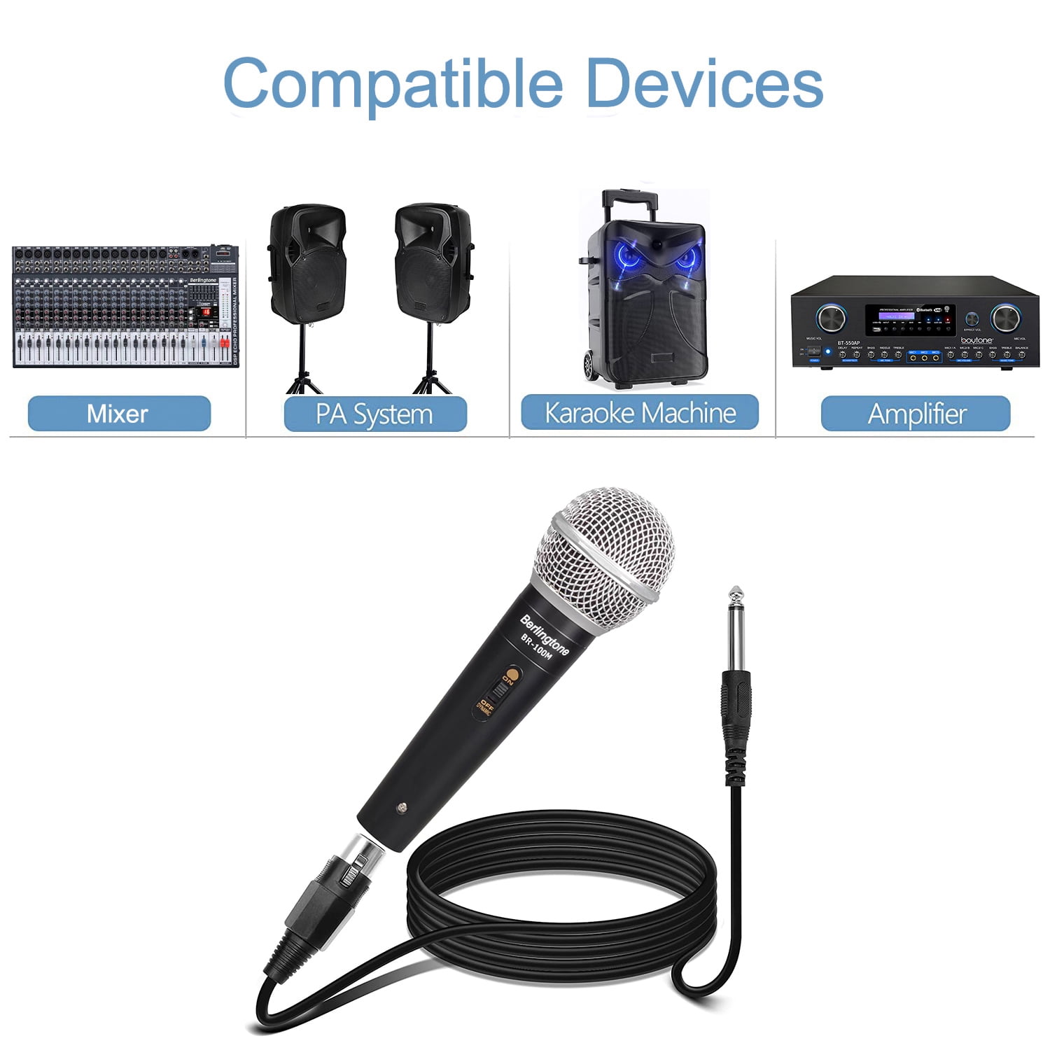 Berlingtone BR-100M Classic Style Metal Casing Cardioid Dynamic Vocal Microphone with 25' XLR Cable, Spherical Mesh Grille with Built-in Pop Filter Professional Microphone for Singing, Recording