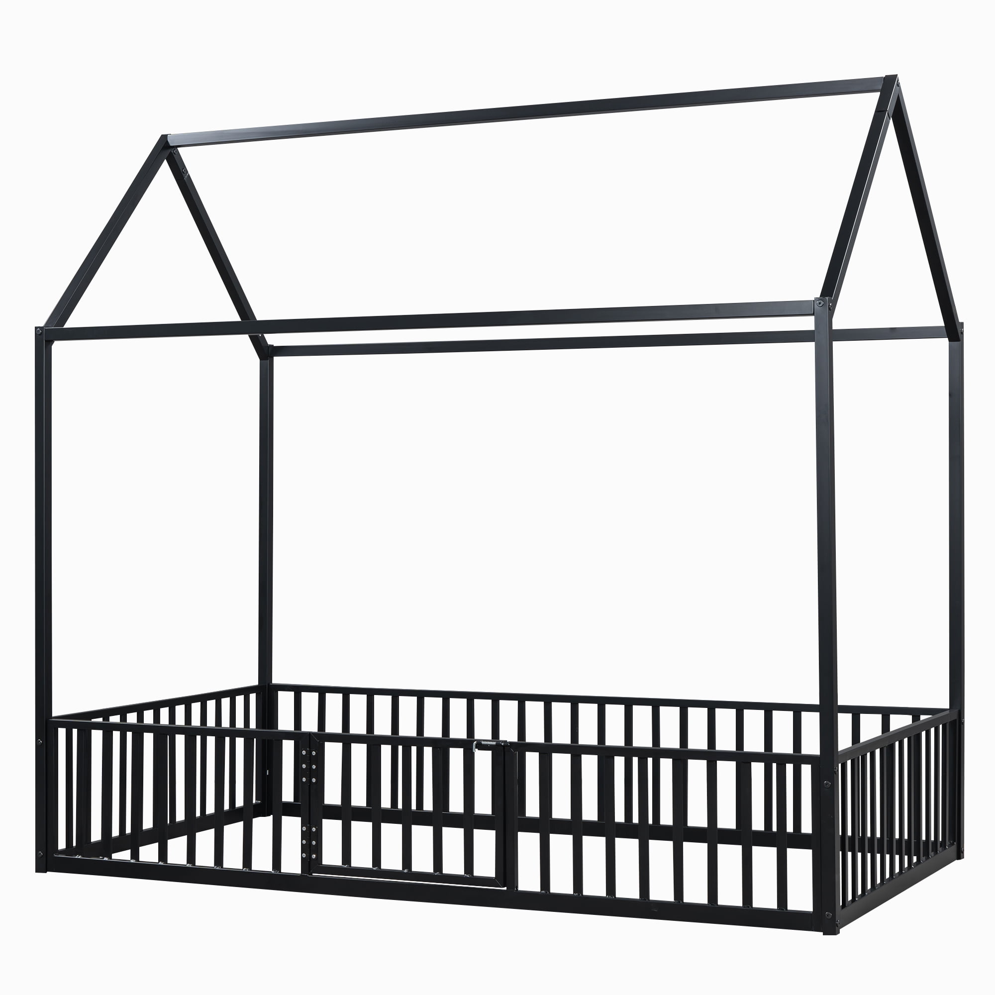 MODERNLUXE Twin Size Platform Bed Frame, House Floor Bed with Fence and Door, Black