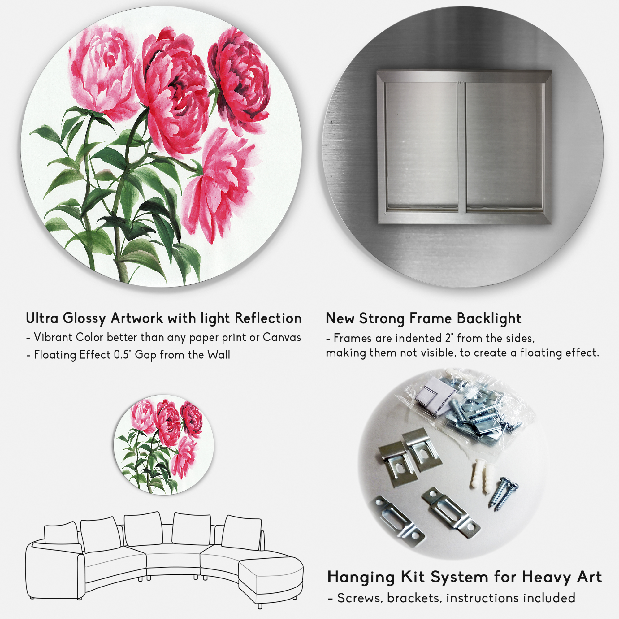 Designart 'Abstract Four Vintage Pink Peonies' Traditional Circle Metal Wall Art 11x11 - Disc of 11
