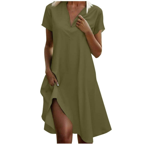 YYUIJK Women's Casual Dresses 2025 Summer Short Sleeve Dress Hide Belly Loose Fit Sundress Green L