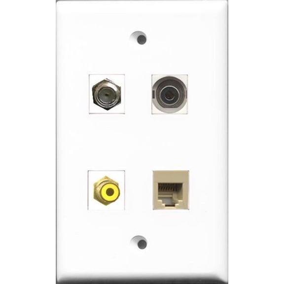RiteAV 1 Port RCA Yellow and 1 Port Coax Cable TV- F-Type and 1 Port Phone RJ11 RJ12 Beige and 1 Port 3.5mm Wall Plate