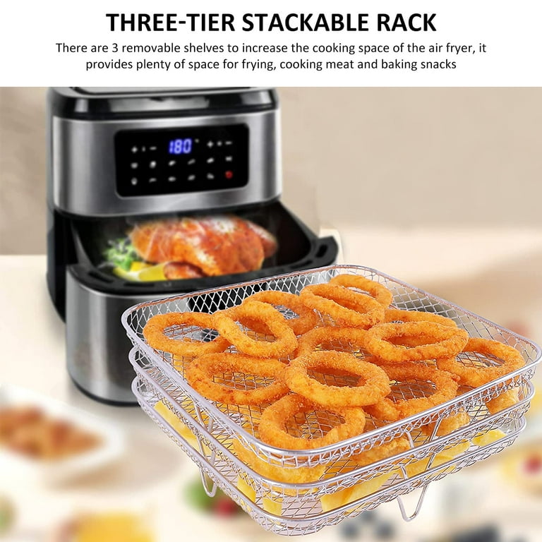Gustve Air Fryer Racks Three Layer Stackable Dehydrator Racks Stainless Steel Square Air Fryer Basket Tray Air Fryer Kitchen Accessories, Size: 1Pcs