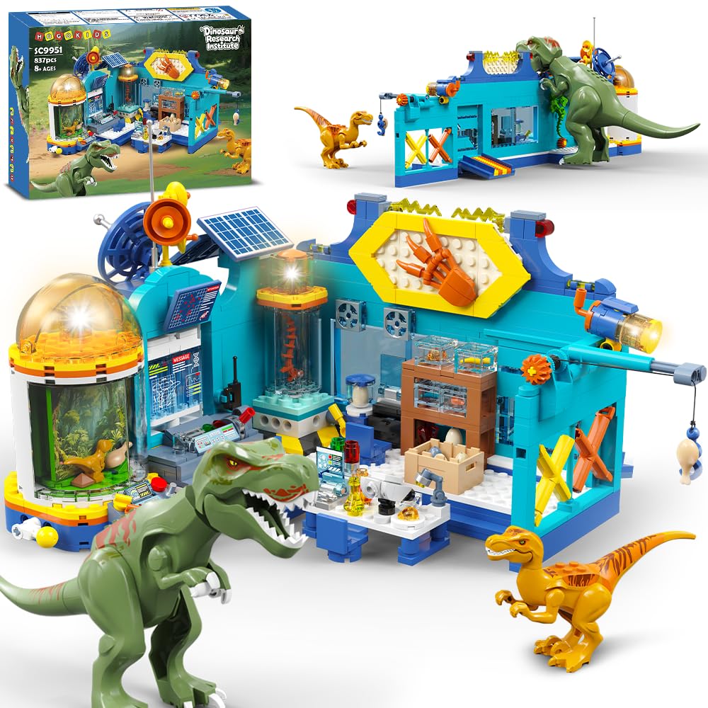 HOGOKIDS 2-in-1 Dinosaur Research Institute Building Set with Light - 837PCS Dino World Building Blocks Toys with 2 Dinosaur Figures, Dinosaur Playset Birthday Xmas G