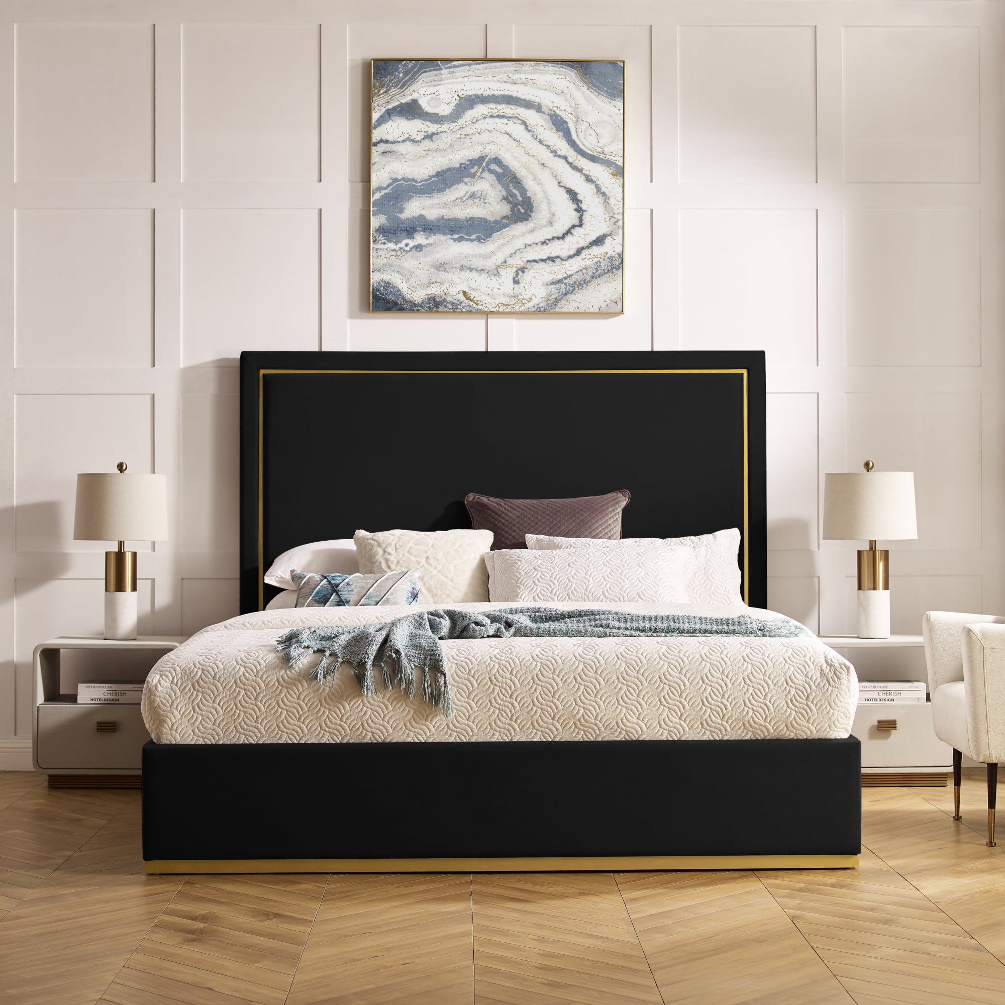 Inspired Home Roxana Upholstered Platform Velvet Contemporary King Bed with Gold Base Frame Black
