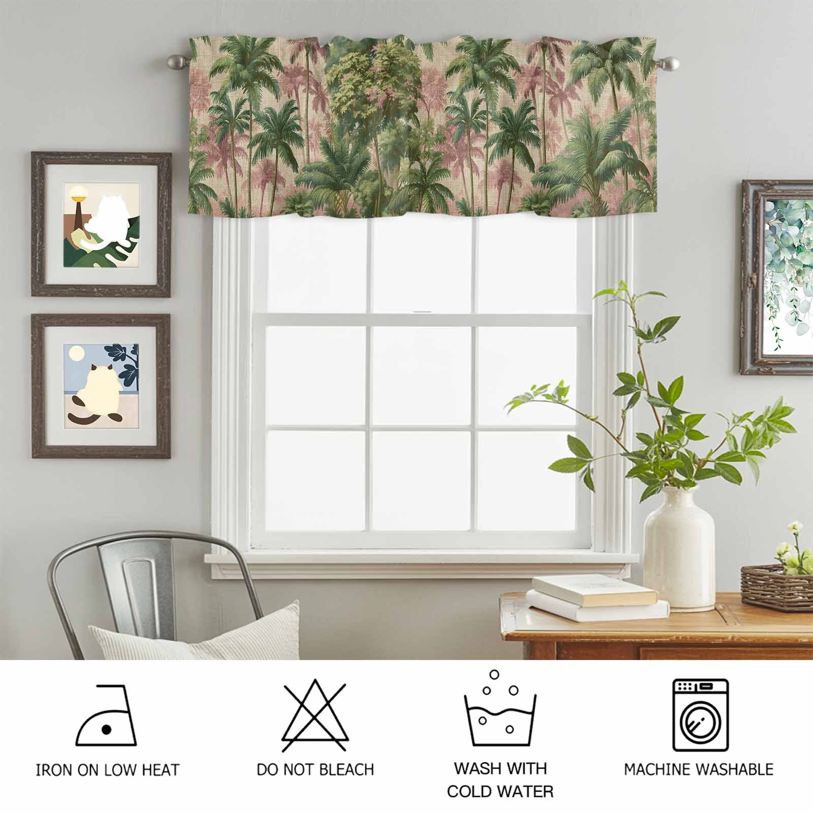 Summer Palm Tree Valances for Windows, 60x18in, Vintage Tropical Green Jungle Tree Leaf Linen Texture Rod Pocket Kitchen Valance Curtain Light Filtering Window Treatments for Living Room Bedroom