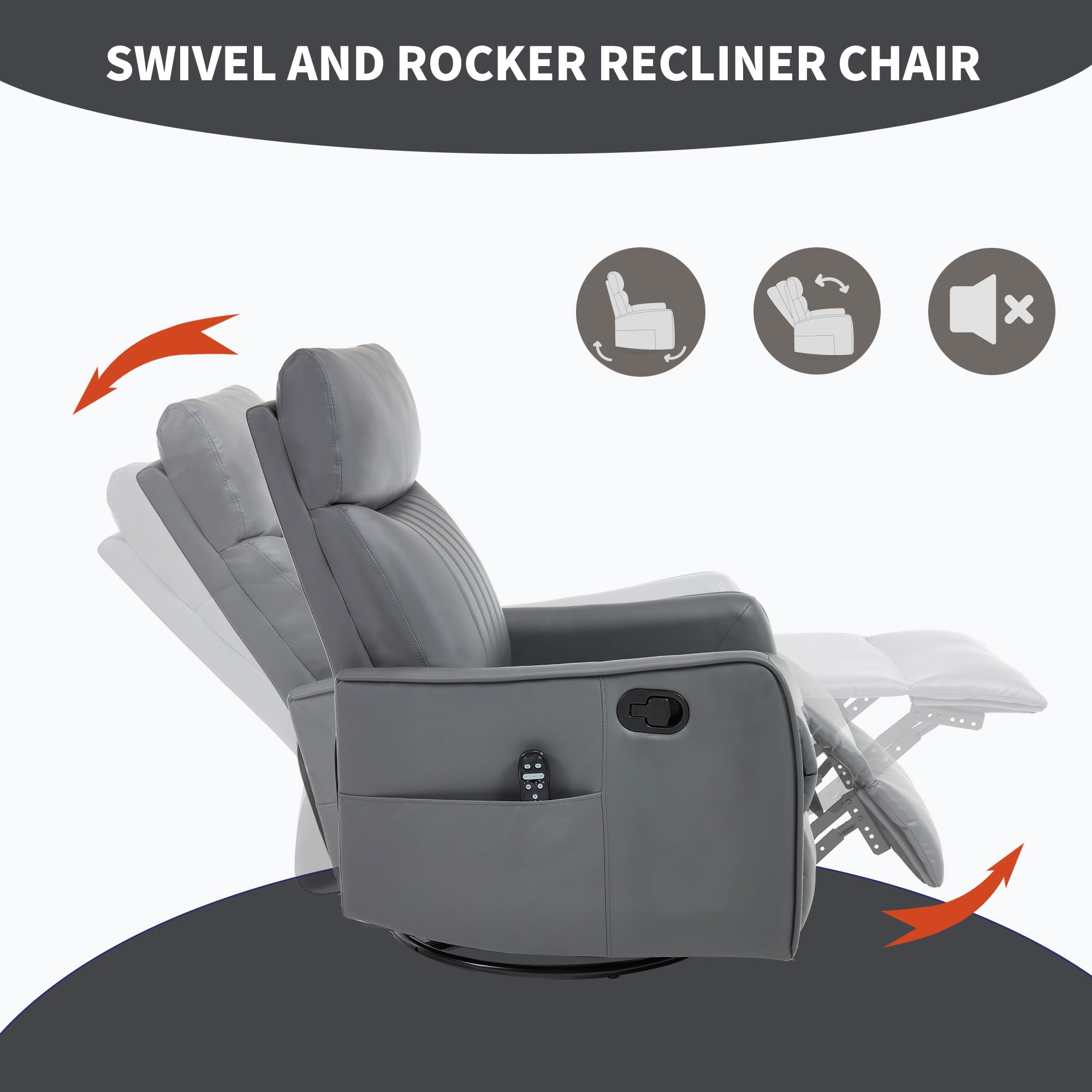 MAYEERTY Faux Leather Swivel Recliner Chair, Manual Rocker Glider Chair with 8-Point Vibration Massage & Lumbar Heat, for Living Room Nursery Home Office