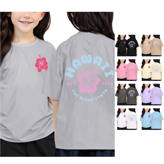 Trendfront Girls Hawaii Tropical T Shirt Aloha State Hibiscus Flower Print Crewneck Short Sleeve Tee Summer Beach Holiday Clothes Kids Casual Vacation Top